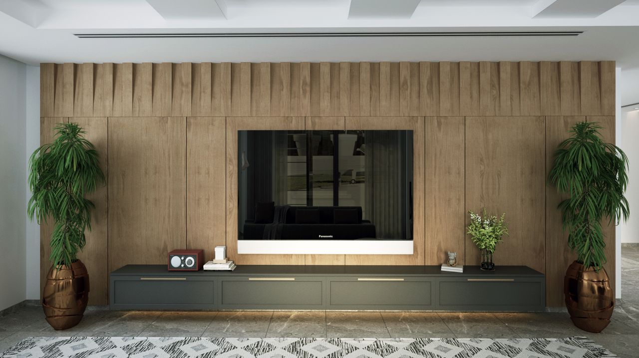 services-04 Contemporary living room interior featuring a wooden wall and mounted TV.